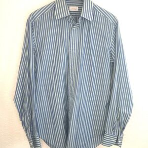 Brioni Blue and White Vertical Stripe Button-Down Shirt